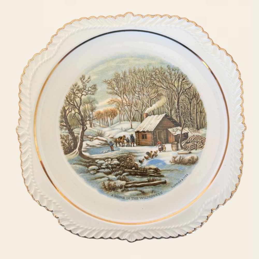 Currier & Ives A Home in the Wilderness Vintage Scalloped Gold Trim Plate 10in